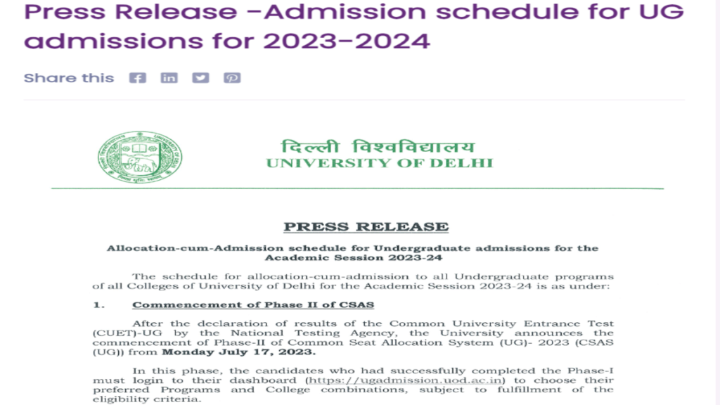 University Of Delhi Ug Admission 2023 Du Csas First Allotment List